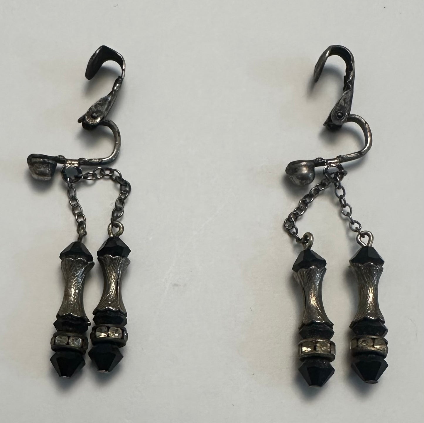 Vintage Black And Silver Drop Clip On Earrings