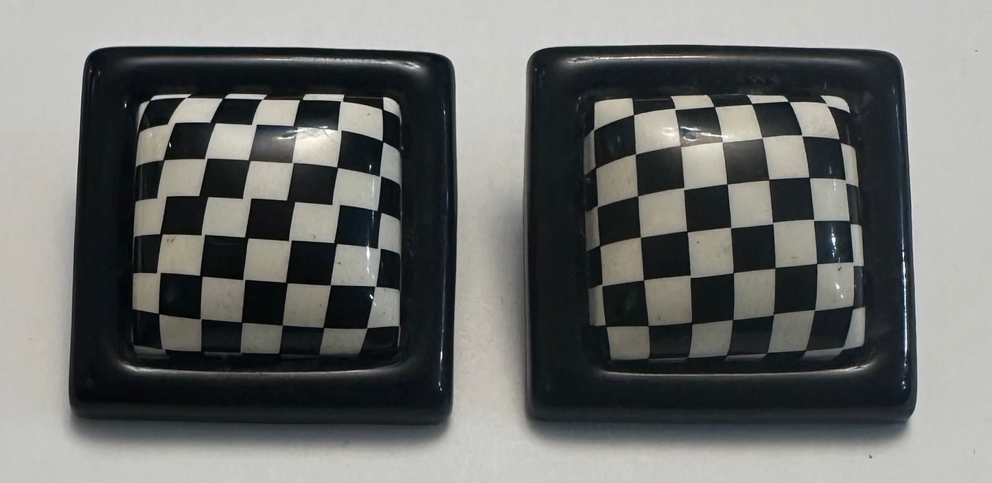 Vintage Pair Of Checkerboard Clip On Earrings