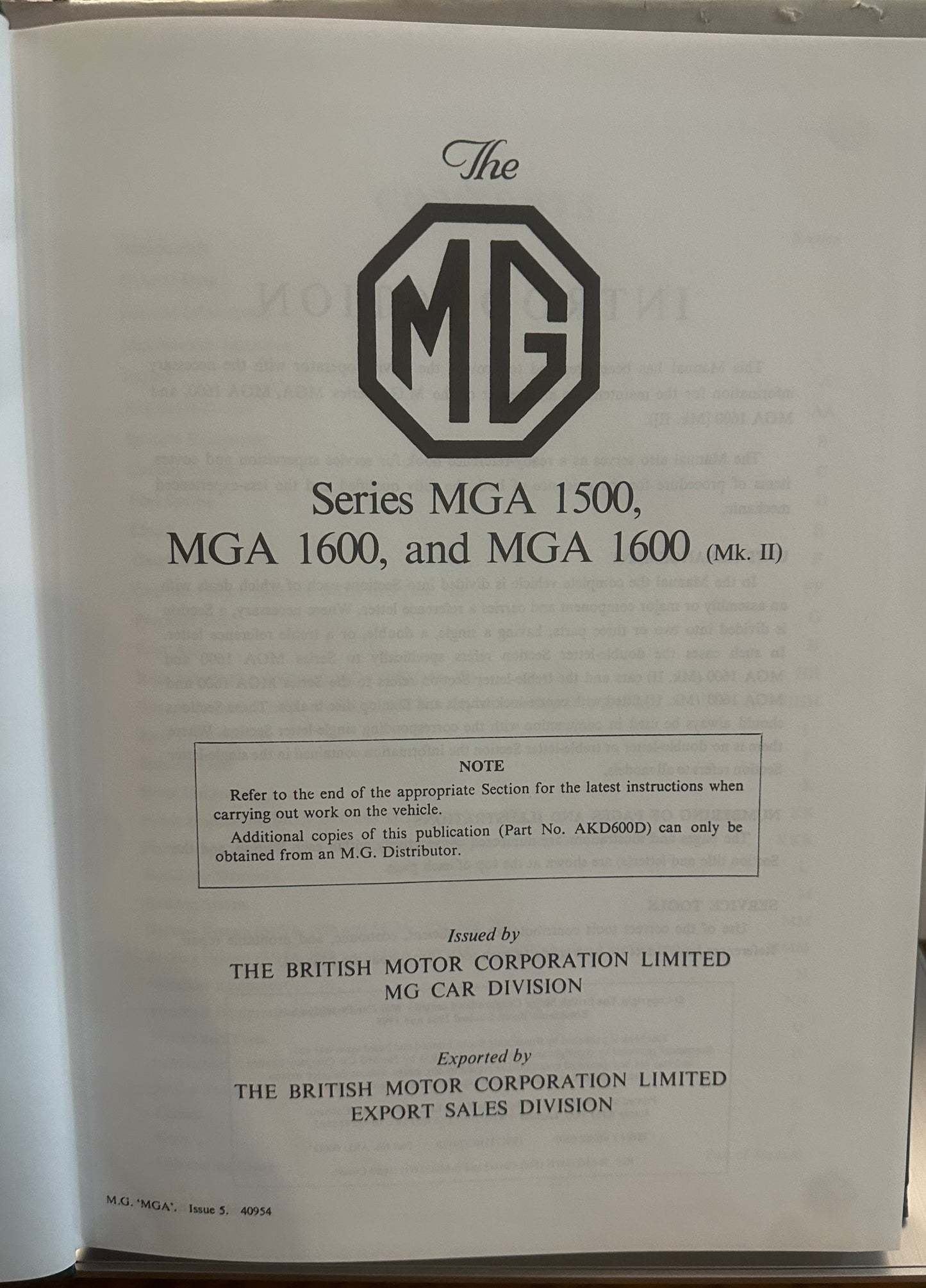 The MG Series MGA Workshop Manual Issue 5