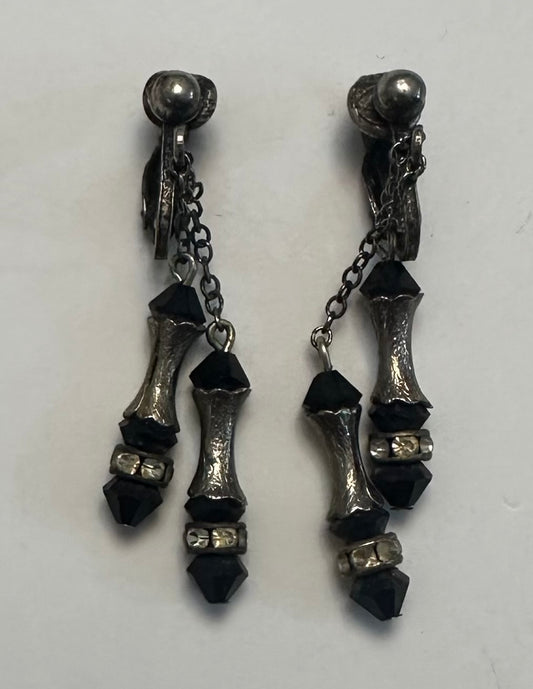 Vintage Black And Silver Drop Clip On Earrings