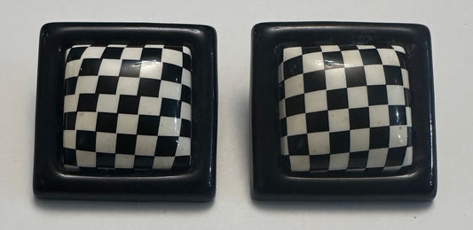 Vintage Pair Of Checkerboard Clip On Earrings