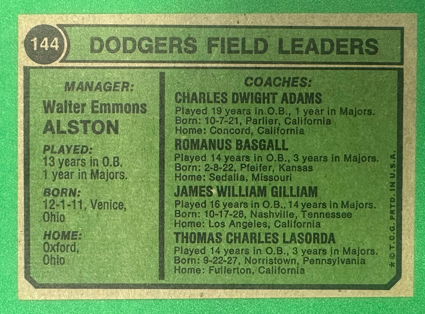 1974 Topps Dodgers Managers Card Walter Alston / Tommy Lasorda