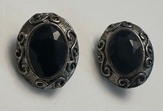 Vintage Black And Silver Oval Clip On Earrings
